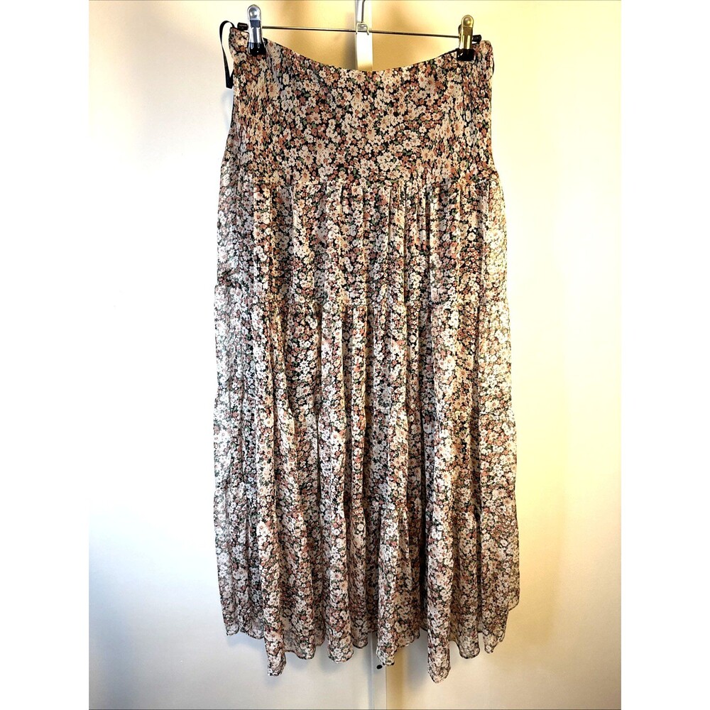 Lauren Ralph Lauren Black Floral Chiffon Flare Long Skirt Ruffle Women's M